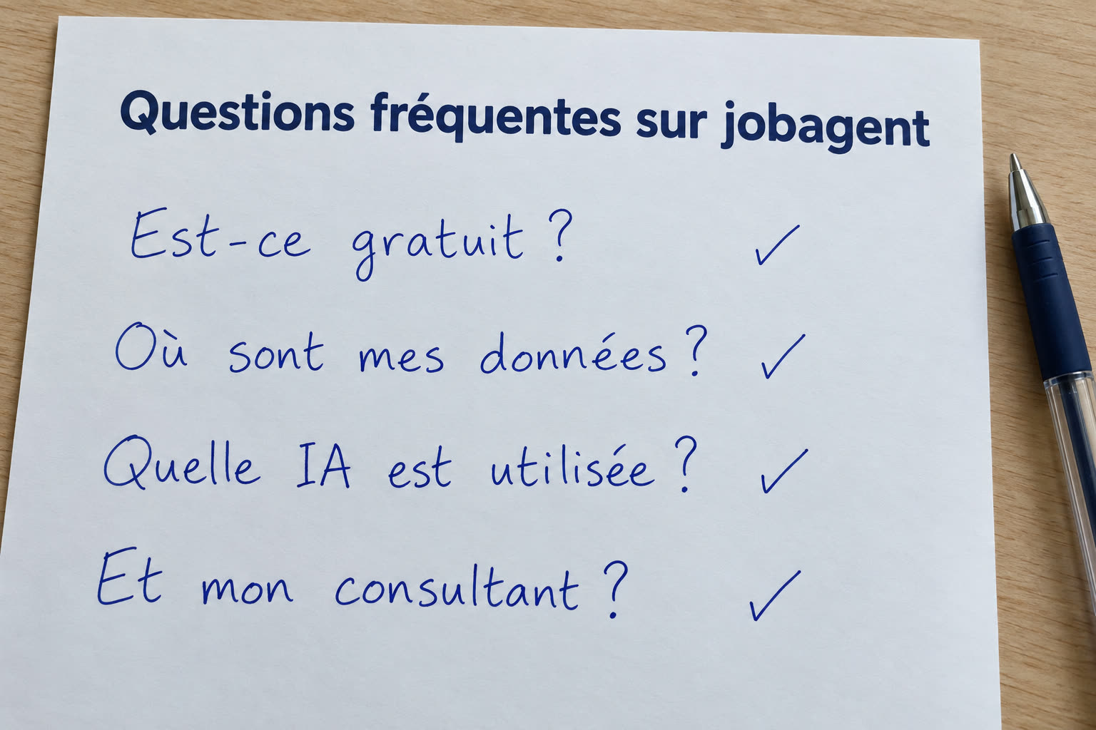 Feuille « Questions fréquentes sur jobagent » : est-ce gratuit, où sont mes données, quelle IA est utilisée, et mon consultant