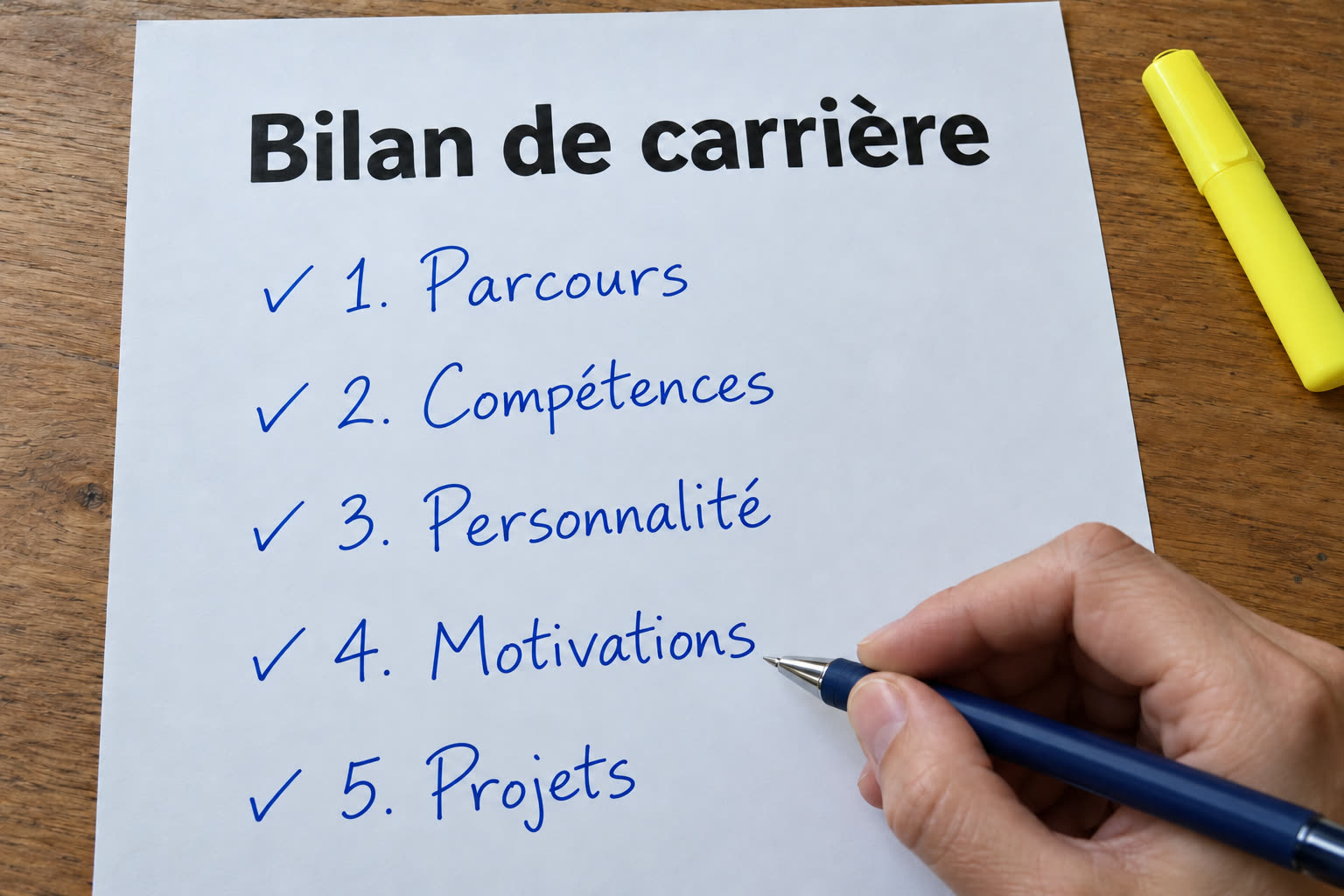 Feuille « Bilan de carrière » : parcours, compétences, personnalité, motivations et projets, cochés à la main