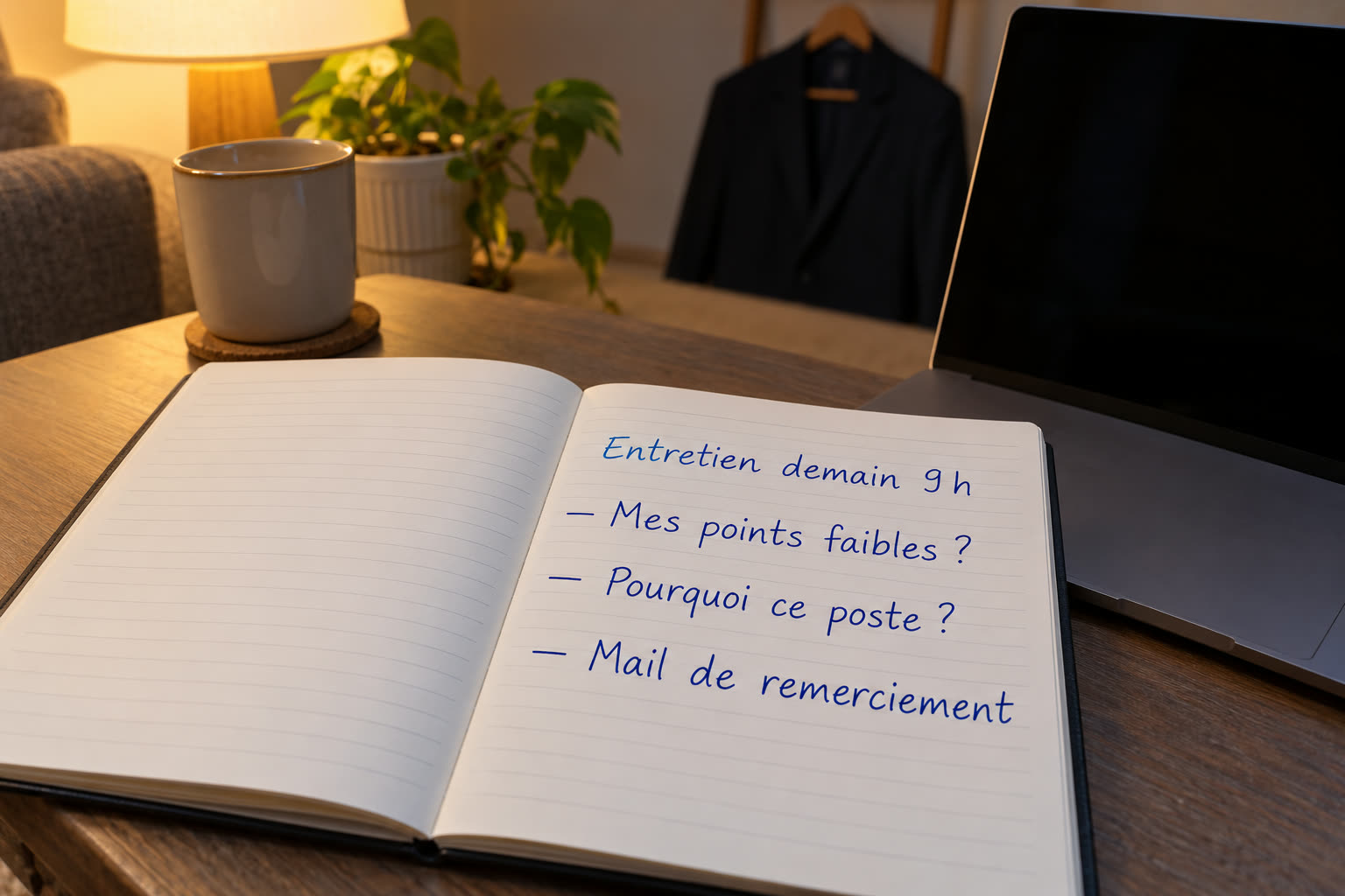 Carnet ouvert la veille au soir : « Entretien demain 9 h », points faibles, pourquoi ce poste, mail de remerciement