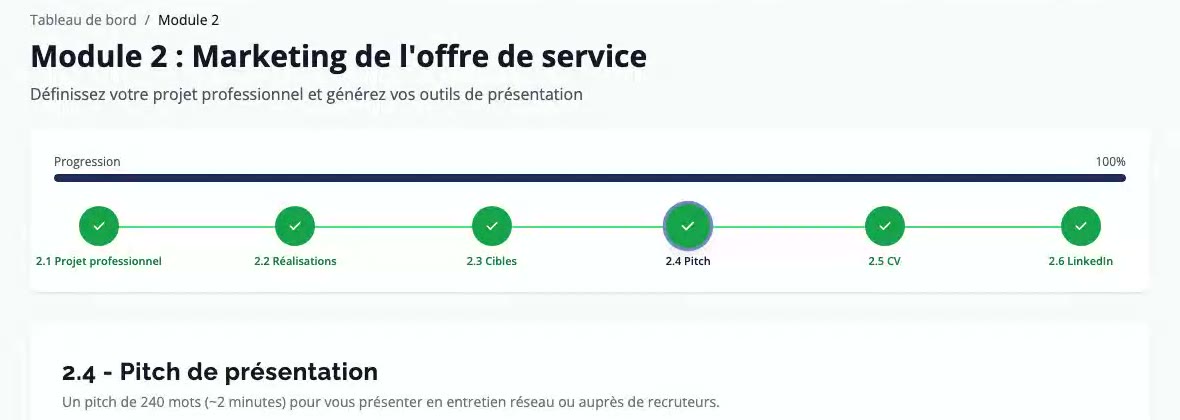 Écran du module Offre de service de jobagent, à l'étape du pitch de présentation