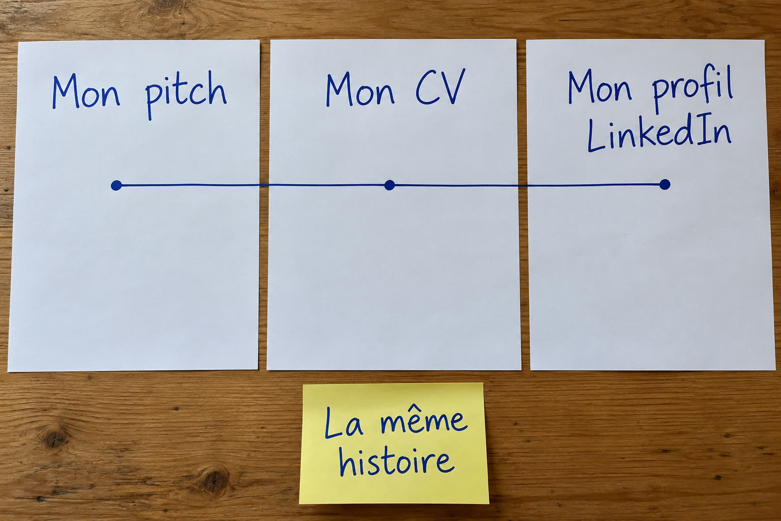 Trois feuilles « Mon pitch », « Mon CV », « Mon profil LinkedIn » reliées par un trait, et la note « La même histoire »