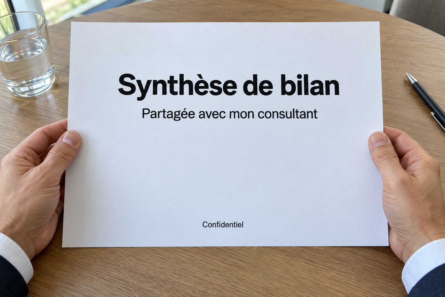 Document « Synthèse de bilan, partagée avec mon consultant », confidentiel, tenu en main