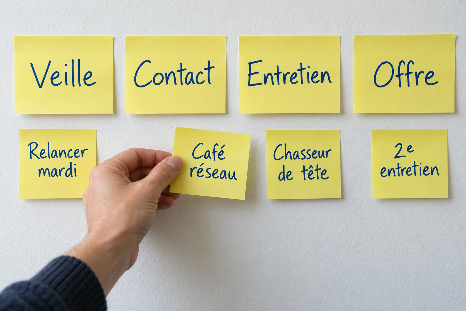 Notes adhésives en quatre colonnes : veille, contact, entretien, offre ; une main déplace « Café réseau »
